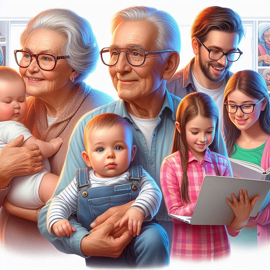 image réaliste et colorée d’un bébé dans les bras d’une personne agée avec des lunettes, à coté se t image réaliste et colorée d'un bébé dans les bras d'une personne agée avec des lunettes, à coté se t